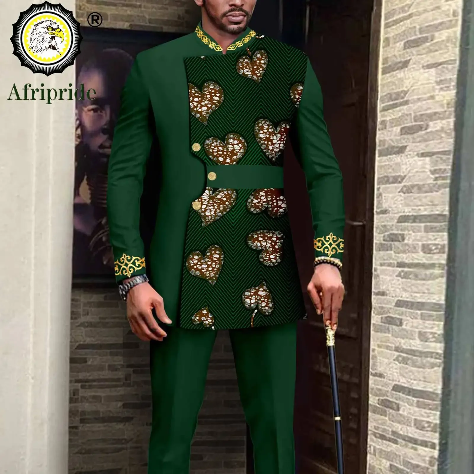 African Suits for Men Slim Fit Embroidery Full Sleeve Single Breasted Print Blazer and Trousers Set Formal Outfits A2316052