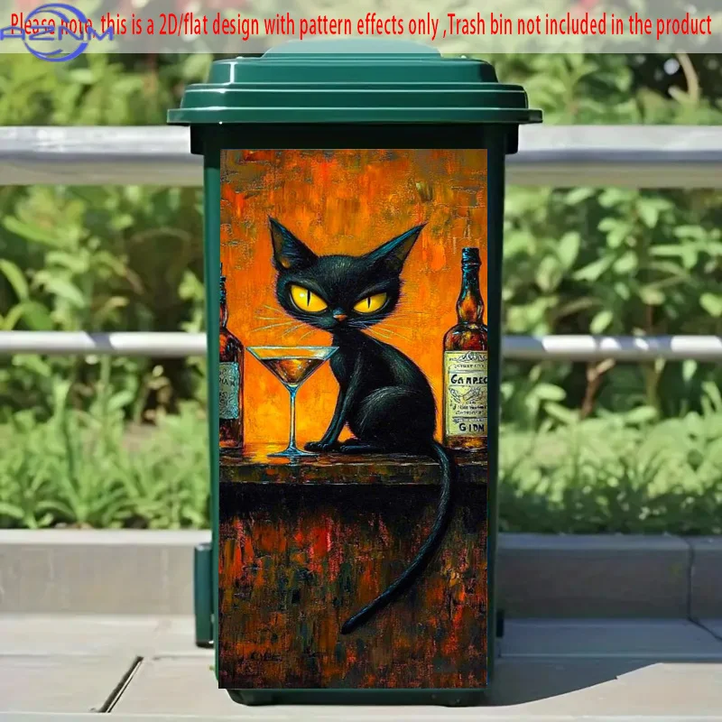 1pc 2D FLAT Black Cat with Drinks Pattern Self-Adhesive Dustbin Stickers, PVC Trash Can Decorative Stickers, Wheelie Bin Stick