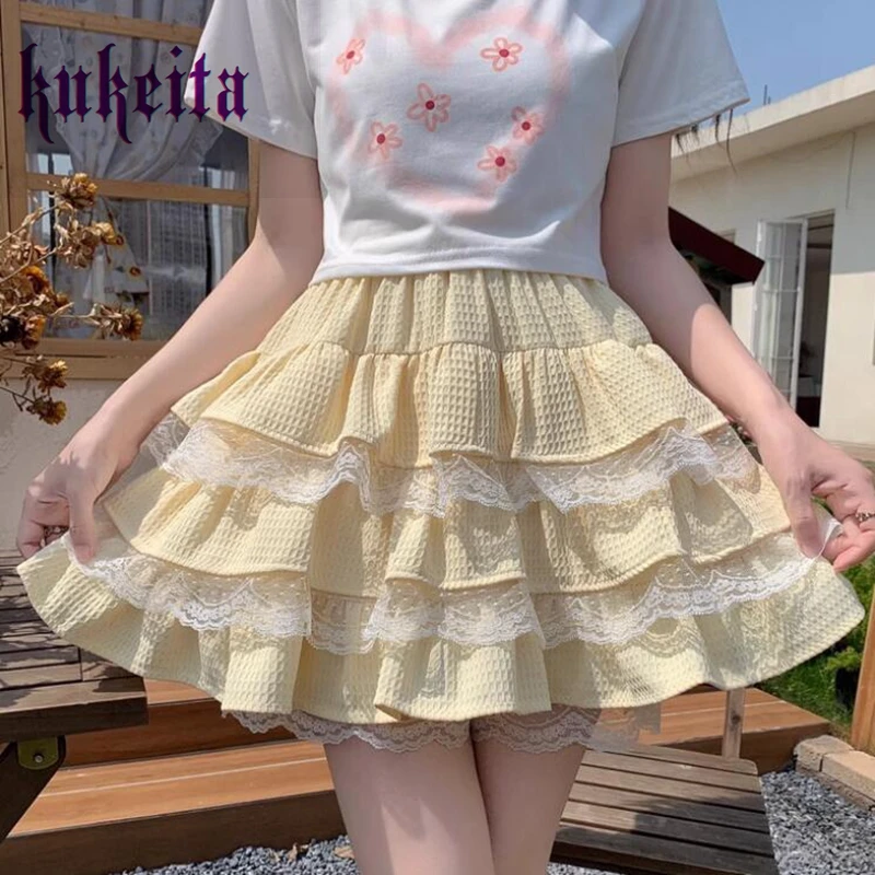 Mini saia kawaii estilo lolita feminina, elástico na cintura, babados com renda, plissados, doce menina, verão, Harajuku, Y2k, bolo, japonês