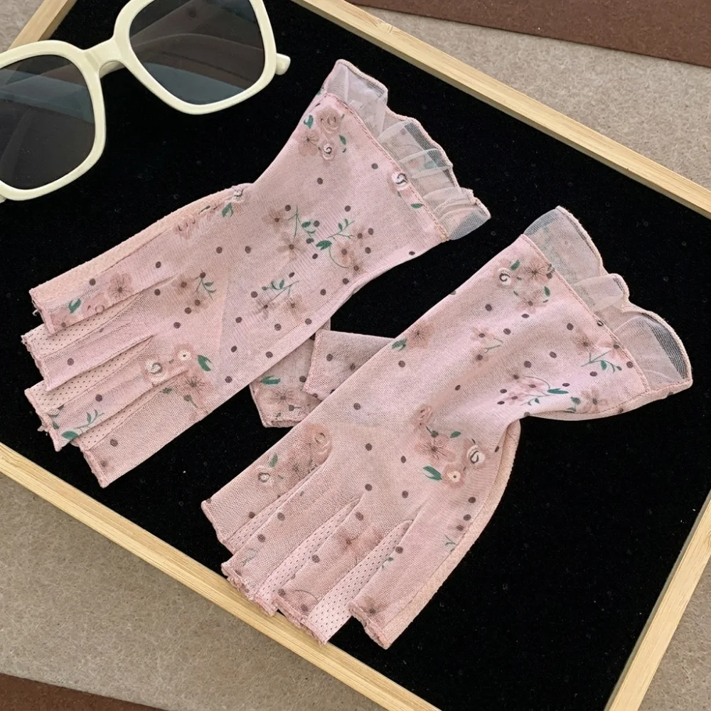Silicone Anti Slip Half-Finger Gloves Thin Floral Printed Driving Gloves Lace Mesh Sunscreen Accessories Sun Protection Gloves
