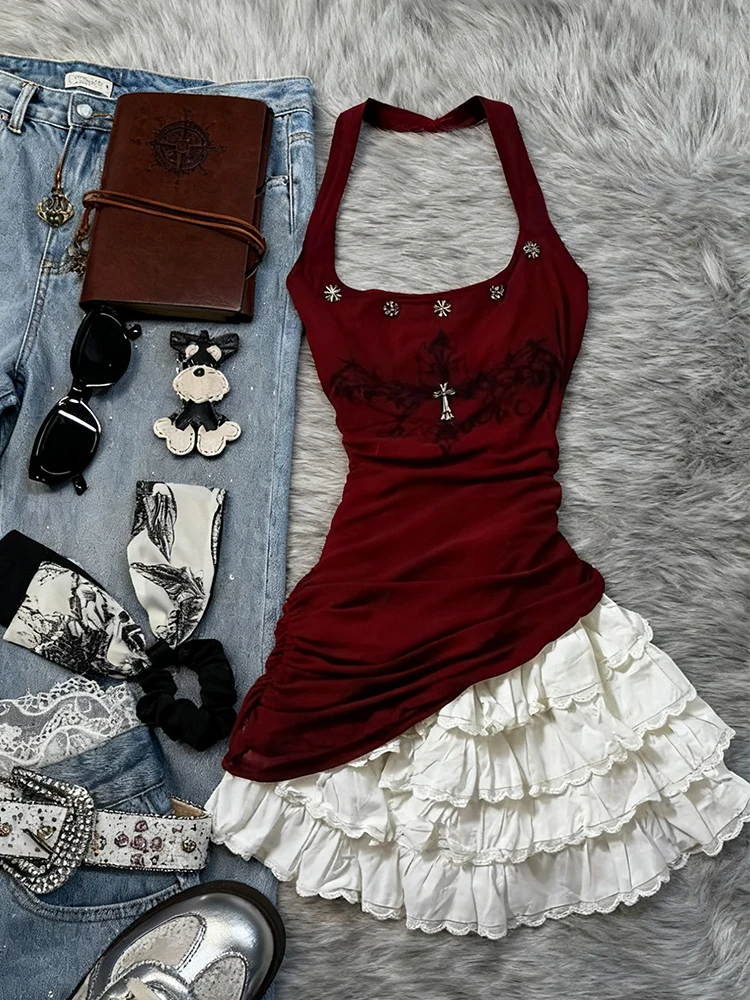 

Оригинальный винтажный красный висячий топ f-Cherry Plum Y2K с супер утягивающим ремешком Dr, женский летний топ из смеси хлопка 2026