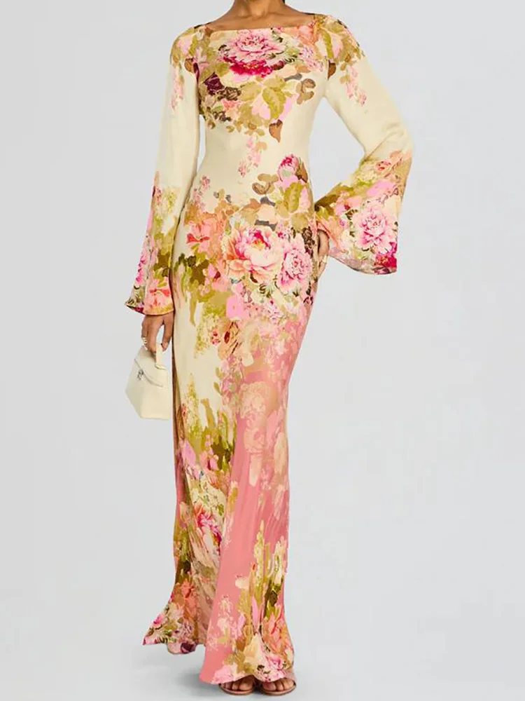 

Casual O-Neck Flower Printing Female Dress, Women Summer Long Flare Sleeve Slim Fit Maxi Dress, Elegant Lady Party Dress Vestido