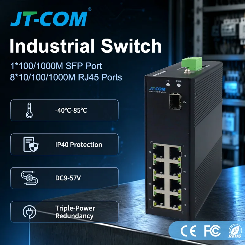 Industrial Gigabit Ethernet Switch, 1000M SC Single/Dual Fiber 20KM, Unmanaged DIN Rail Network Switch for Security Monitoring