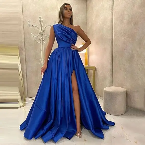 Customized Royal Blue One Shoulder Satin Prom Dresses with Slit Plus Size Ruffle Wedding Party Dress A Line Women Bridesmaid