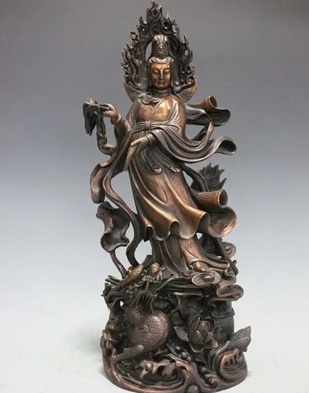 

18 China Pure Copper Red Bronze Buddhism Kwan-Yin Bodhisattva Ride Dragon Statue