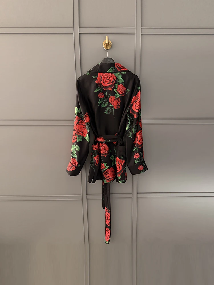 Spring Summer Fashion Vintage Rose Print Silk Casual Blouses Women's Turn-down Collar Single Breasted Long Sleeve Belt Shirt