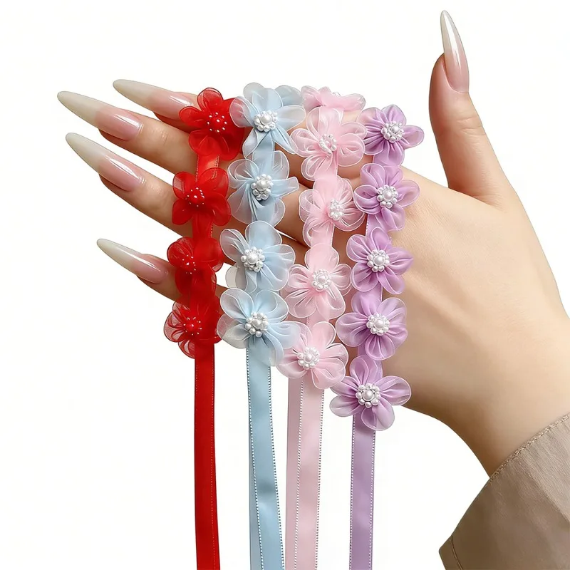 1 Stück Organza-Blumen-Haarband mit langem Band, modisches böhmisches Blumen-Haargummi, geflochtenes Haarband, geeignet für tägliche Partys – Detail 18