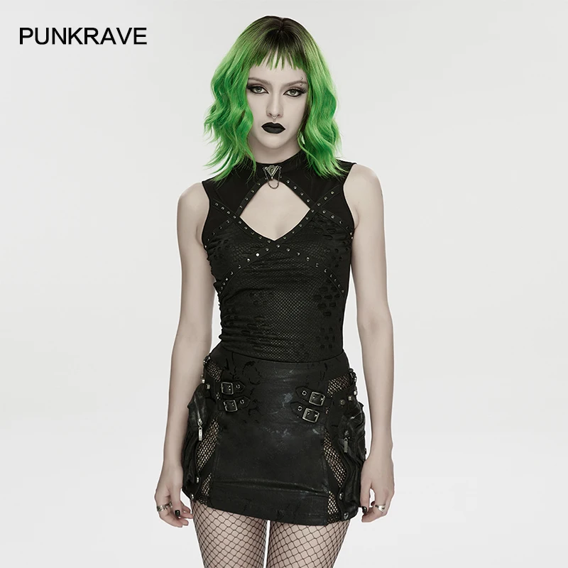 

PUNK RAVE Women's Punk Icy Breathable Knit Studded Vest Sexy Hollow Out Personality Dark Tees Tops Zipper on Back Collar
