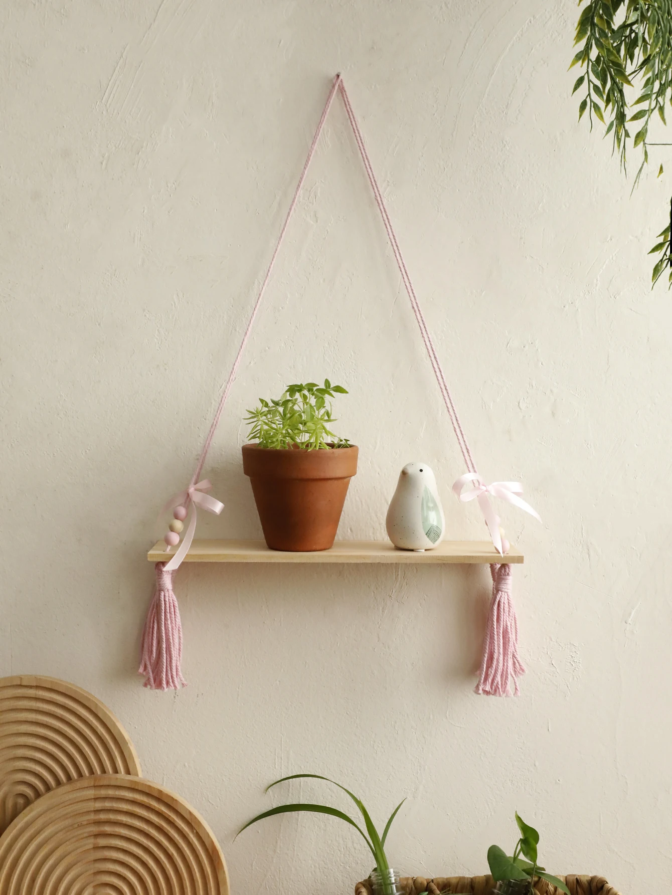 Pink Bow Wooden Shelf Hanging Decoration Display Stand Wall Decor Floating Shelf Boho Room Decors Aesthetic for Girls Kids Room