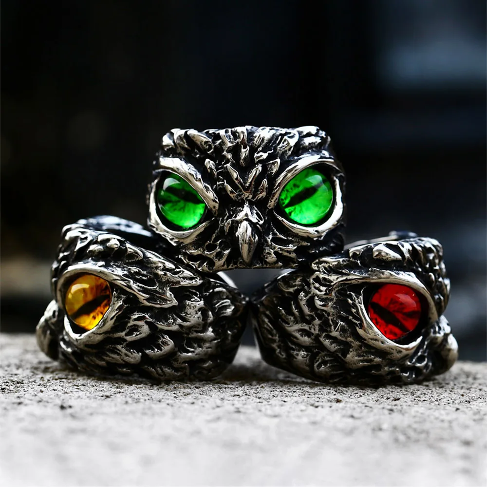 

Simple Cute Pet Owl Yellow/Green/Red Eyes Ring For Men Women 316L Stainless Steel Rings Fashion Jewelry Gifts Wholesale