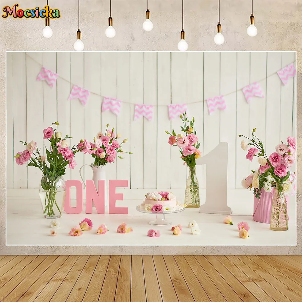 

Mocsicka Girl's 1st Birthday Photo Shoot Background Flower White Wall and Floor Baby First Cake Smash Party Decor Backdrop Props