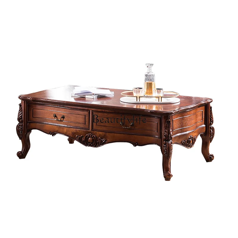 

American solid wood rectangular coffee table European kung fu tea table with drawers for storage