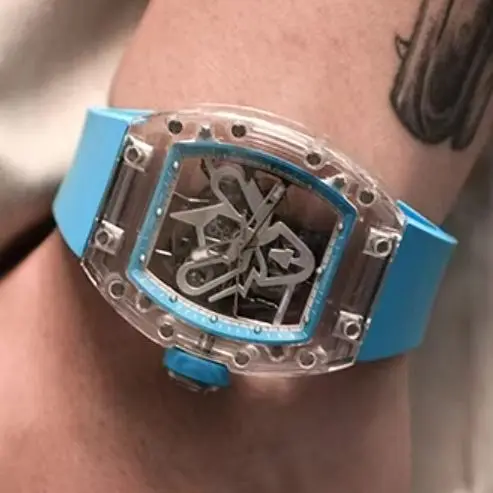 CRONUSART Men Automatic Watch 50mm Tonneau Mechanical Wristwatch Sapphire Case & Mirror Luminous FKM Strap Skeleton Dial