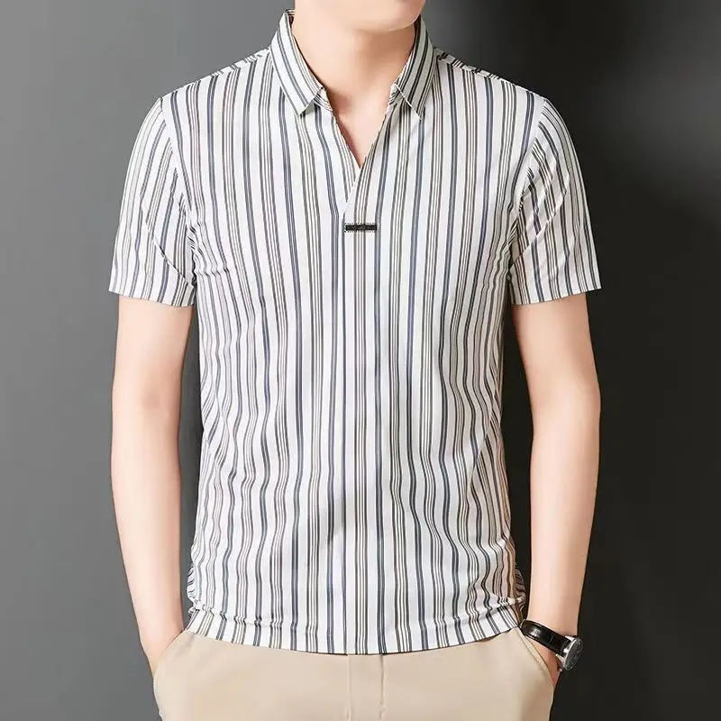 2024 New Summer Business and Leisure High-end Slim Fit No Iron Drape Oversized Collar Striped Short Sleeved Polo Shirt for Men