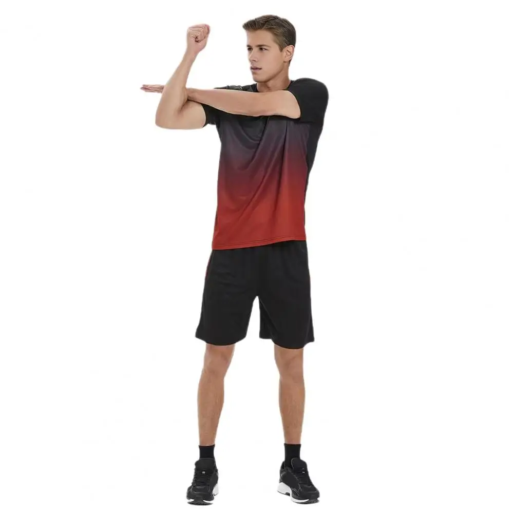 Heren Sportkleding Set Heren Gradiënt Kleur Fitness Outfit Met Ronde Hals Wijde Pijpen Short Set Voor Sportkleding Elastische Taille