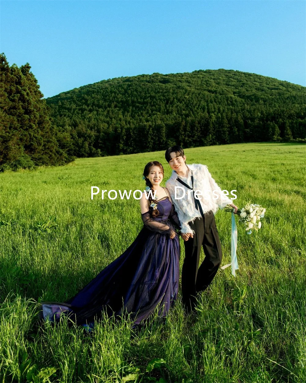 Prowow Black Purple Prom Dresses Garden Korea Wedding Photoshoot Tulle Party Formal Gowns Full Sleeves Off Shoulder Customized