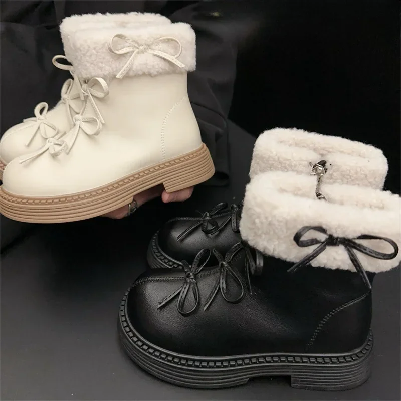 Kids Boots Autumn Winter Toddler Girls Fashion Middle Calf Princess Fur Boots Baby Shoes Children High TopBowtie Flats Platform