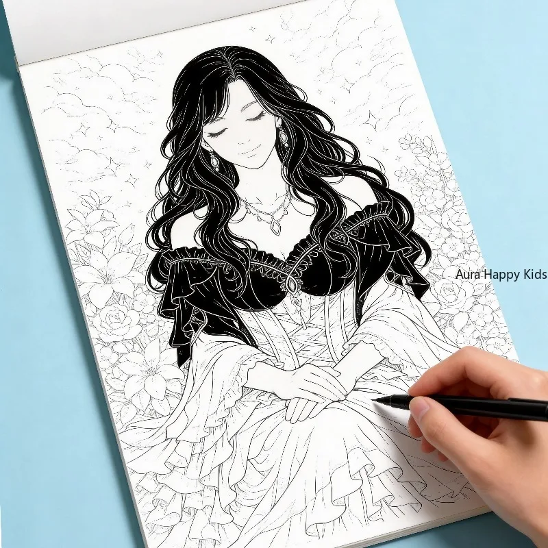 One Copy Line Drawing Coloring Book, Dark Style Angel Girl Coloring Book, Character Line Drawing Coloring Book, 24 Patterns