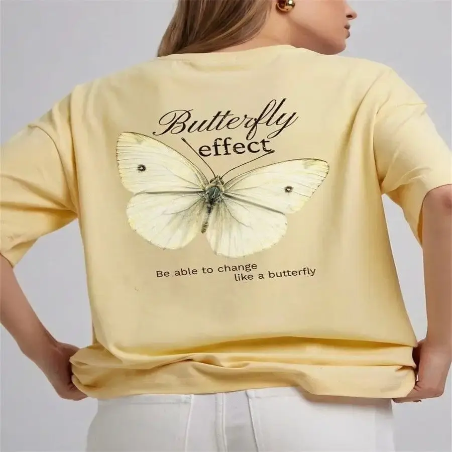 Vintage Butterfly Letter Print T Shirts Women American Harajuku Short Sleeve Y2K Tees Korean Streetwear T-shirts Kawaii Clothes