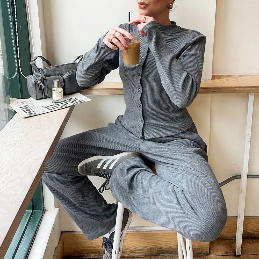 패셔너블한 단색 버튼업 긴팔 상의와 바지 여성 세트 가을 겨울 신상 우아한 출퇴근룩