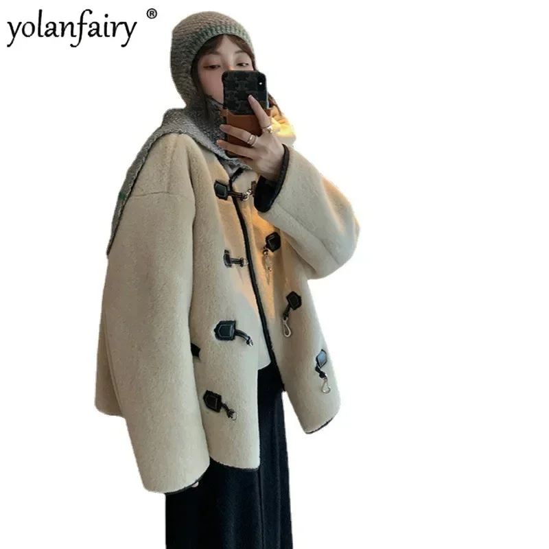 Retro Lamb Wool Fur Coat Women Sheep Sheared Fleece Coats Winter 2023 New Female Hook Buckle Composite Fur Integrated Outwears F