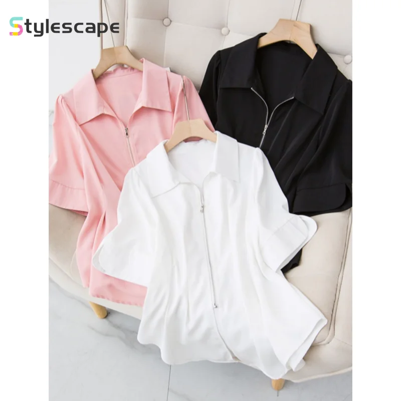 

Design Sense Zippered Short Sleeved Shirt for Women's Summer Oversized Westernized Age Reducing Waist Slimming Irregular Top