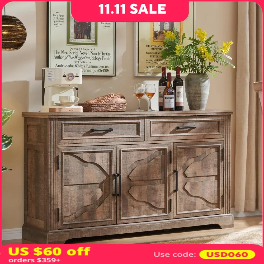 

55" Large Buffet Sideboard Cabinet with 3 Doors and 2 Drawers, Buffet Table Coffee Bar Wine Bar Storage Cabinet，Sideboards