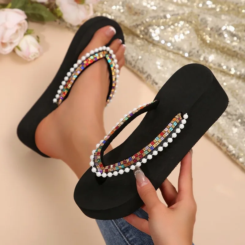 

2025 New Fashion String Bead Flip Flops for Women Patchwork Clip-Toe Wedges Ladies' Slippers Summer Outdoor Non-Slip Slides