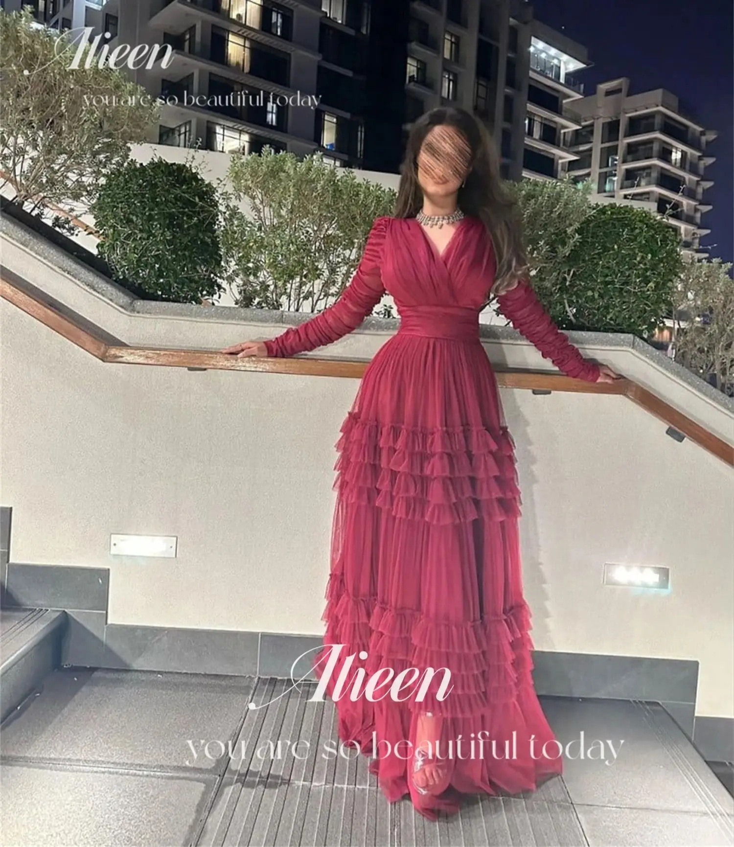 Eid Al-fitr Ball Gown Party Dress Mesh Rose Red Fluffy Formal Midi Dresses Elegant Women customized Luxury Weddings Gala Woman