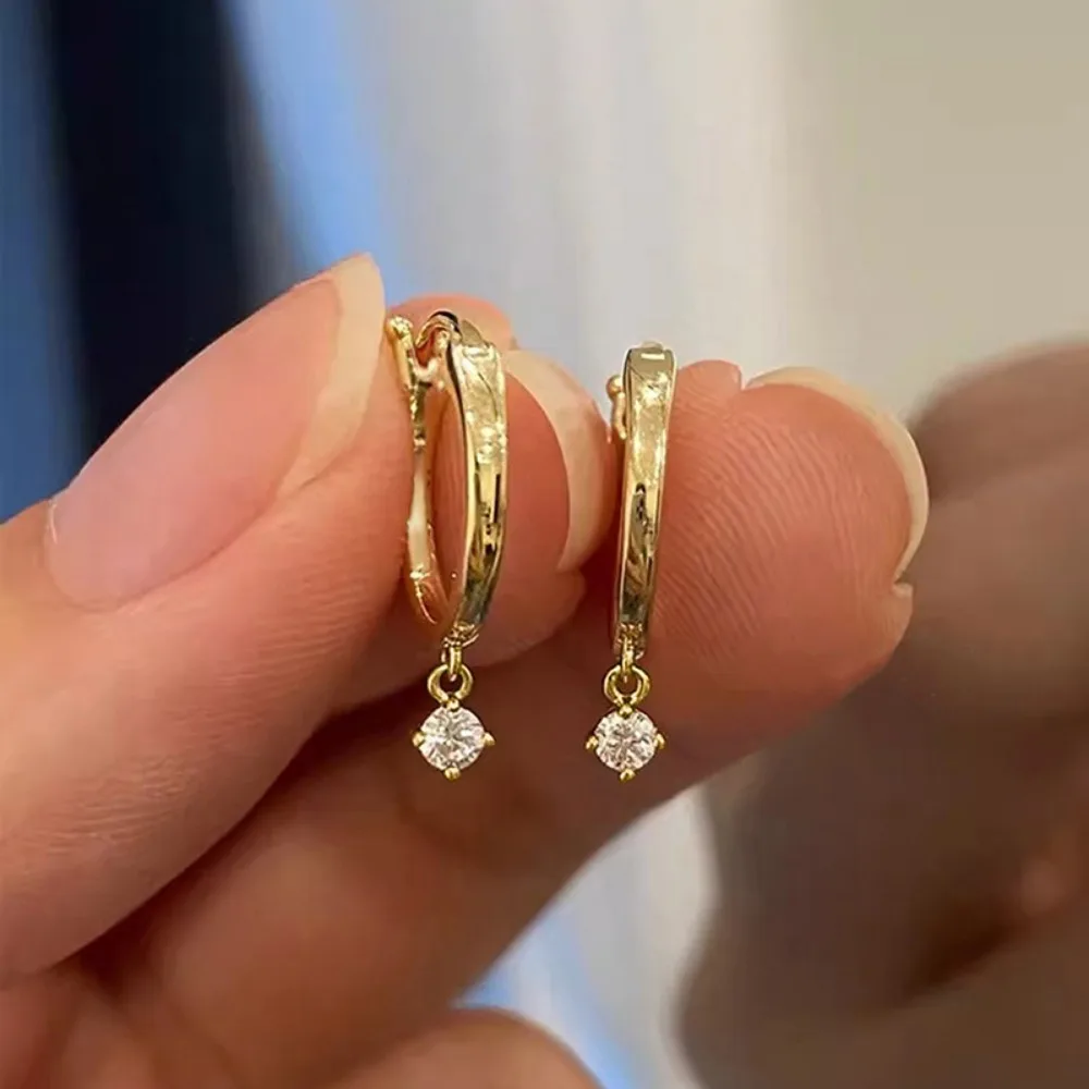 Simple Fashion Gold Color Inlaid Round 5A Zircon Geometric Dangle Earrings for Women Stainless Steel Hoop Earrings Jewelry Gift