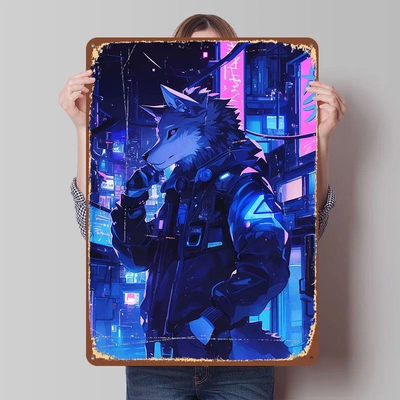 Cyberpunk Wolf in Neon-Stadtlandschaft Metallposter Individualisierte Wandkunst Retro Vintage Blechschilder für Männerhöhle Dekoration Ästhetik