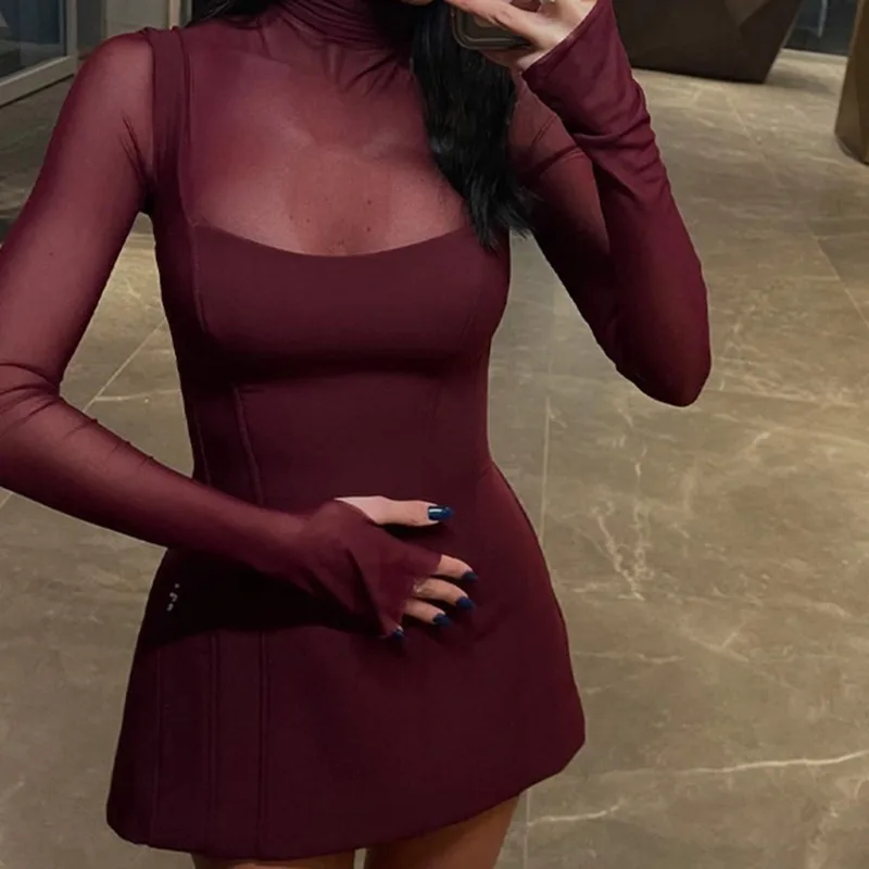 ชุดเดรสตาข่ายปะติดปะต่อแฟชั่นผู้หญิง เซ็กซี่ สตรีทแวร์ แขนยาวเต็มตัว คอเต่า ทรงเข้ารูป มินิเดรส สำหรับผู้หญิง