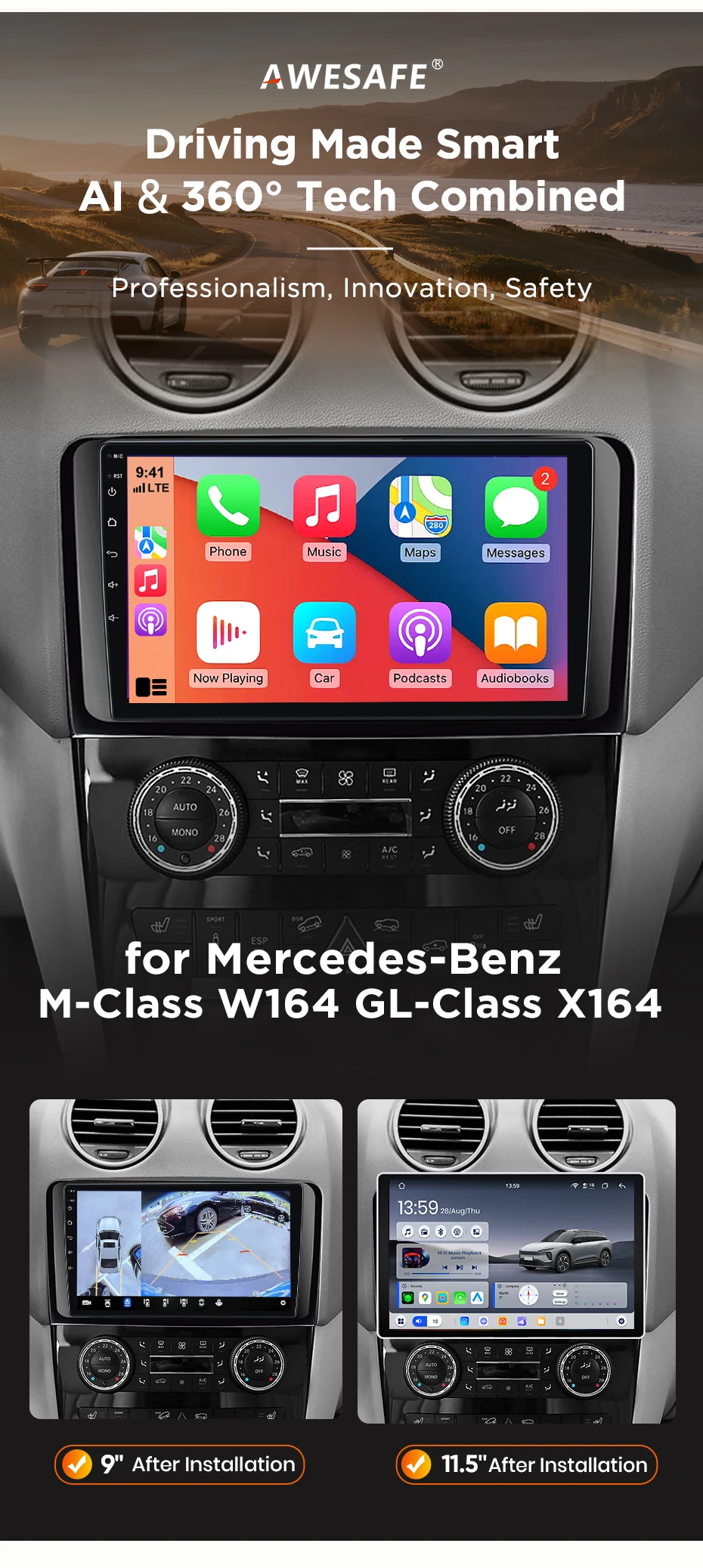 AWESAFE Kabelloses CarPlay Android Auto Radio für Mercedes Benz M-Klasse W164 GL-Klasse X164 ML GL Plug & Play FM BT RDS DSP GPS SWC – Detail 2
