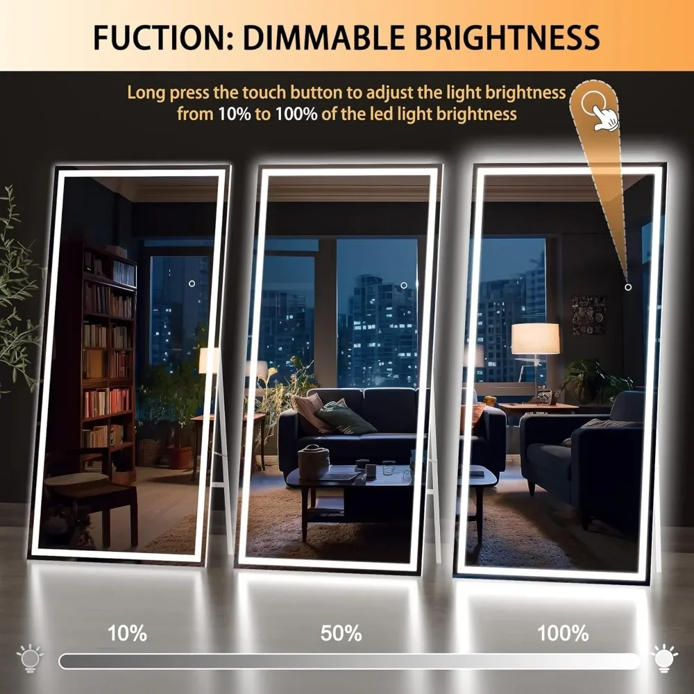 Full Length Mirror with Lights, LED Lighted Floor Standing Mirror, Full Body Dressing Hanging Mounted Mirror, Dimmable