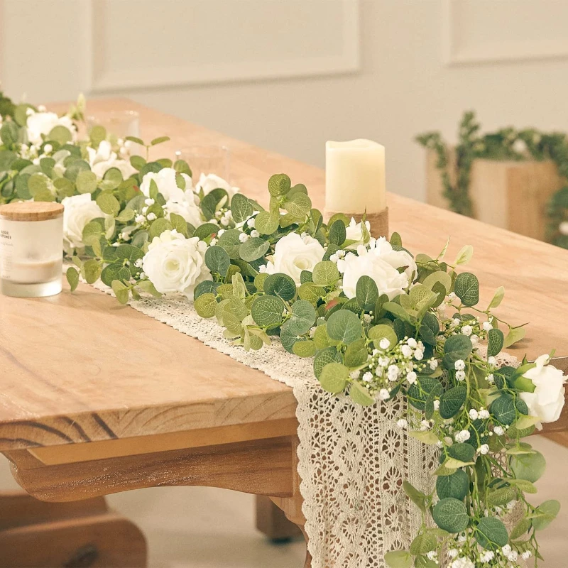 1pc 5.9FT Artificial Eucalyptus Vine Fake Rose Flowers Gypsophila Garland For Wedding Home Party Craft Art Table Runner Decor