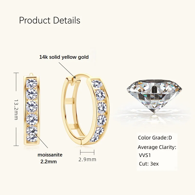 Anziw Classic Solid 14K Yellow Gold Hoops 0.48CTW D Color Moissanite Earrings for Women Men Party Wedding Certified Fine Jewelry