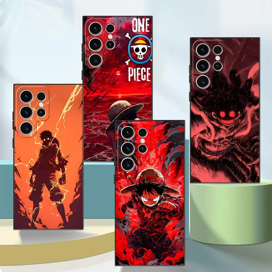 Funda de teléfono suave negra para Samsung Galaxy S24 Plus S21 FE S23 Ultra S20 S25 Edge de una pieza Luffy rojo oscuro