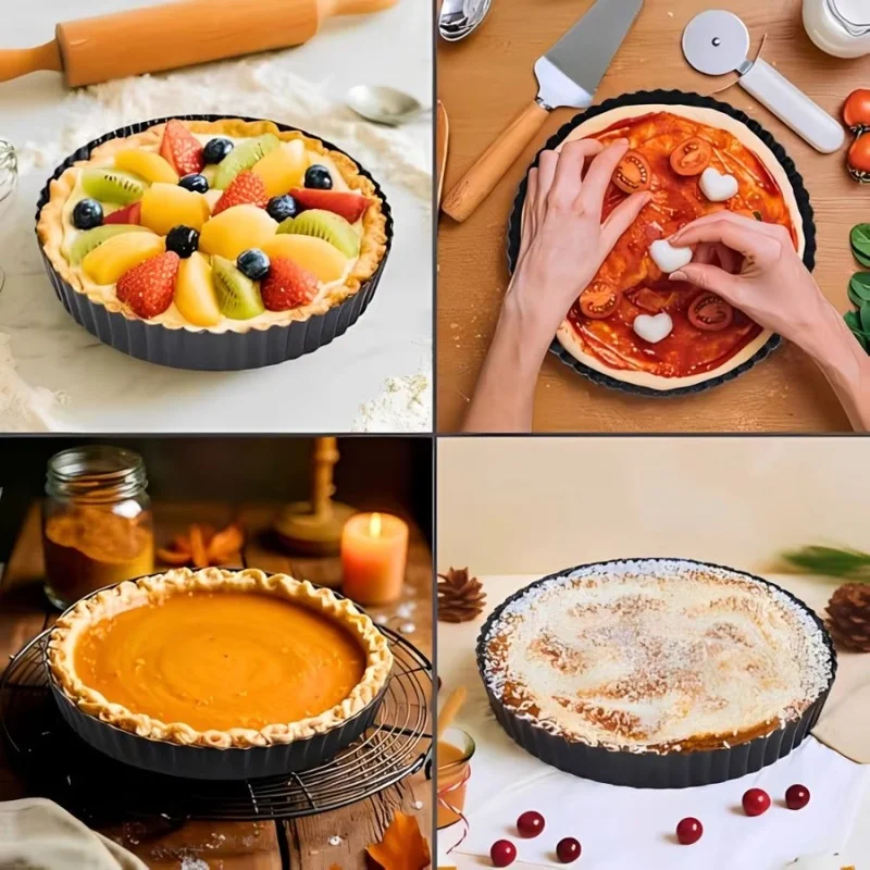 1pc Removable Bottom Fluted Tart Pan Non-Stick Carbon Steel Quiche Pie Molds Wave Edge Baking Tray for Fruit Cake Kitchen Oven