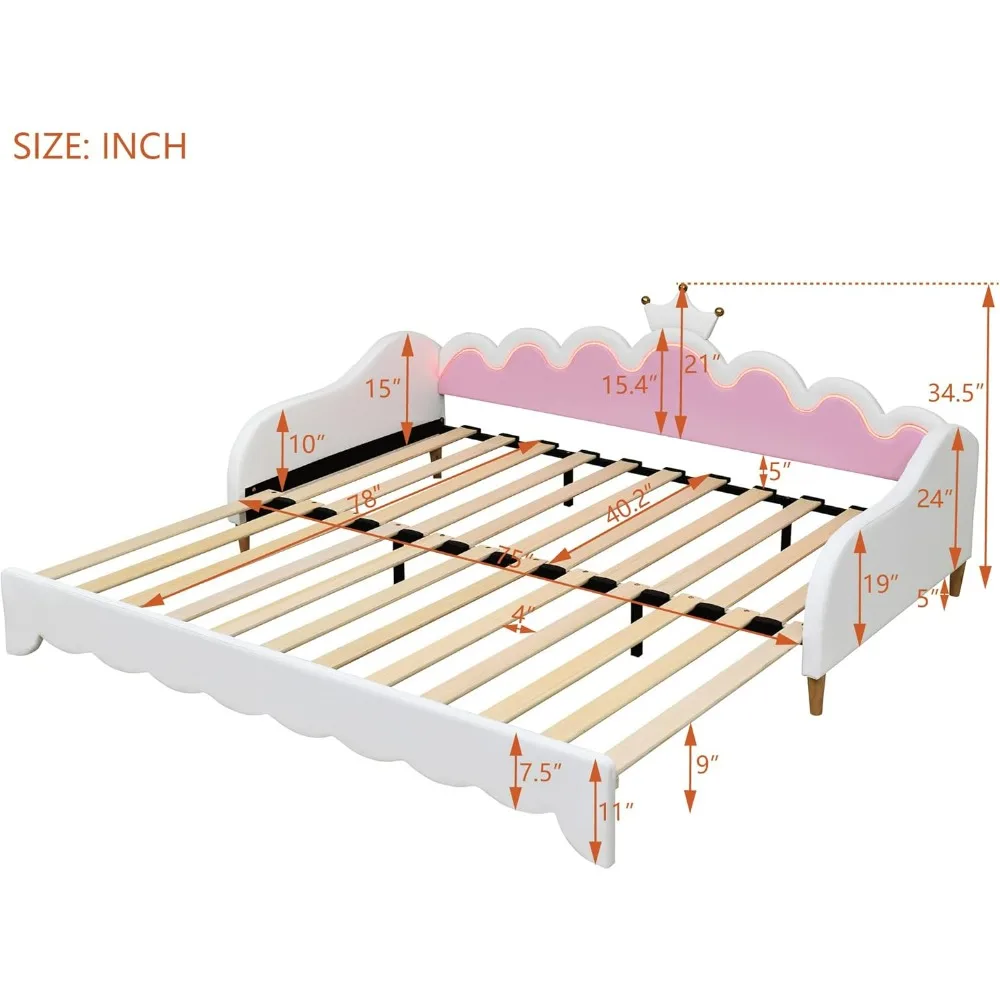 Twin Size Upholstered Day Bed Frame, Space-Saving Extending Pull Out Sofabed for Kids, Girls' Bedroom with Crown Headboard