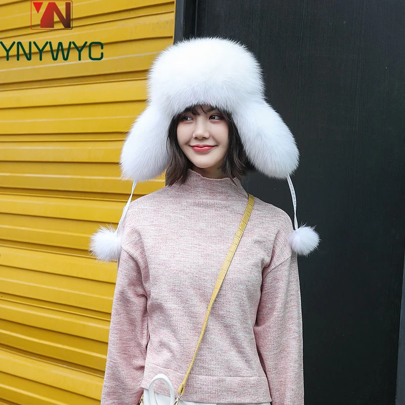 

Women Natural Raccoon Fur Caps Lady Real Fox Fur Cap Pompon Ushanka Hats for Winter Thick Warm Ears Fashion Bomber Pom Pom Hat