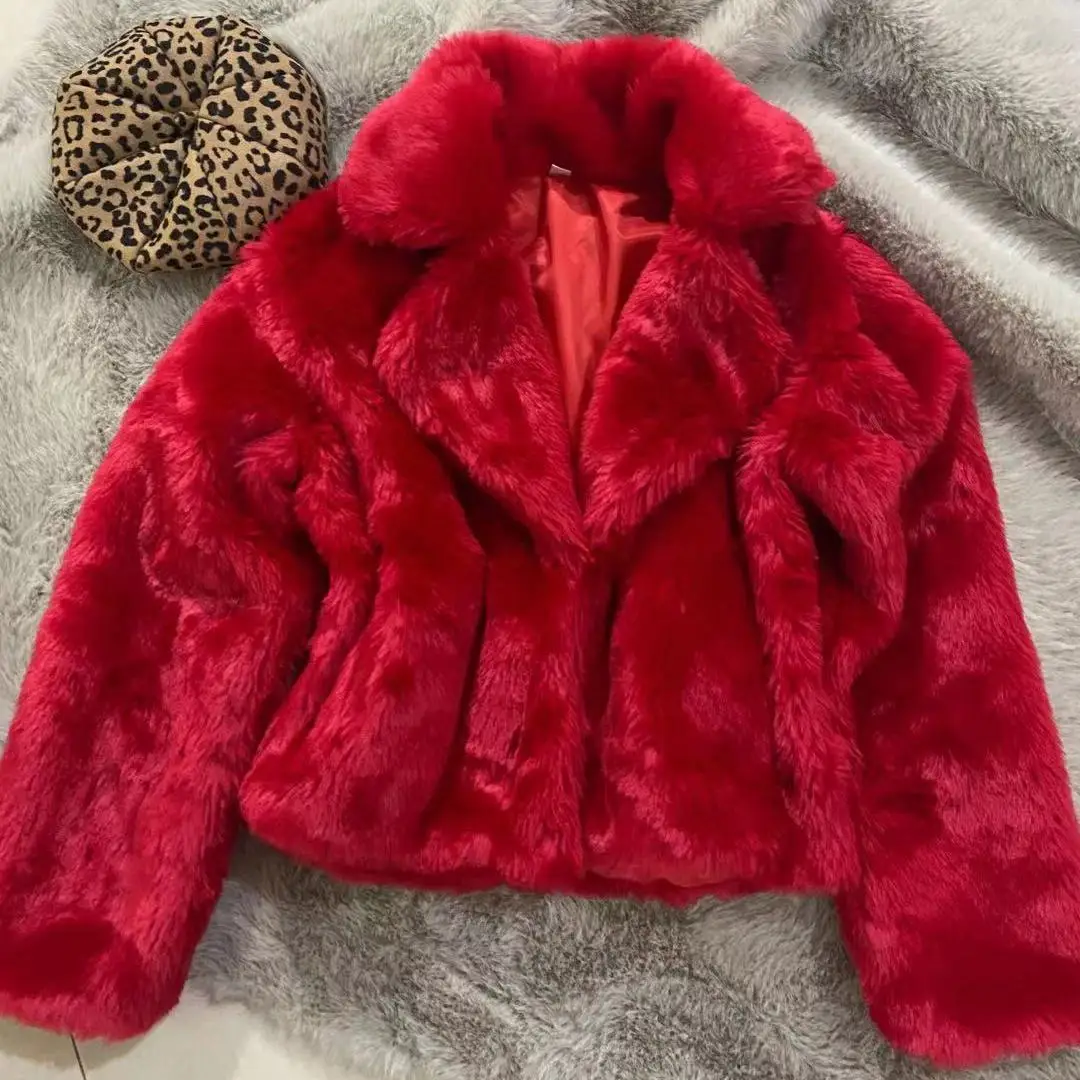 Casaco elegante de pele sintética com gola virada para baixo feminino, casaco solto casual, jaquetas de inverno, manga cheia de lapela, nova moda, T890, 2024