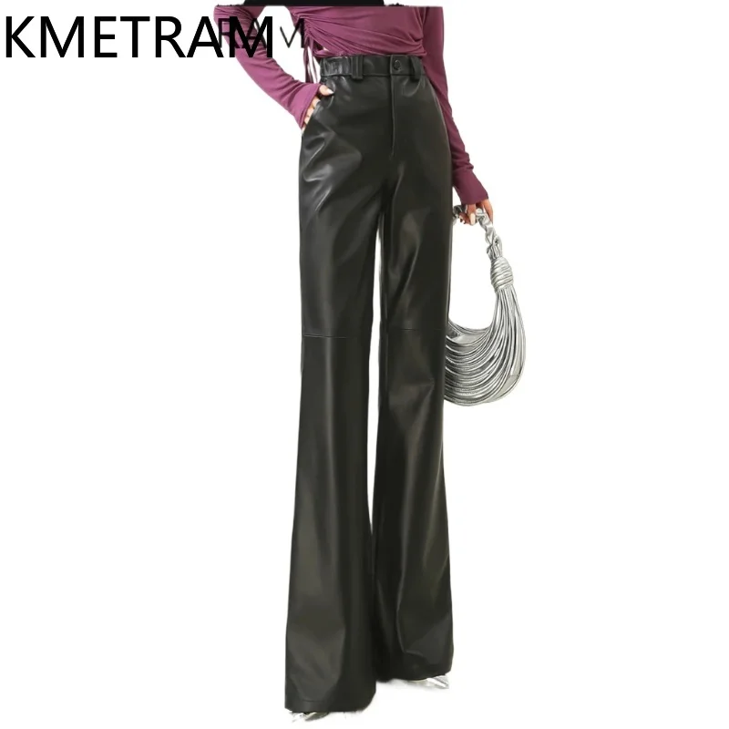 KMETRAM 100% Top Layer Sheepskin Women Pants Black High Waisted Pants 110cm Genuine Leather Trousers Woman 2025 Autumn Clothes