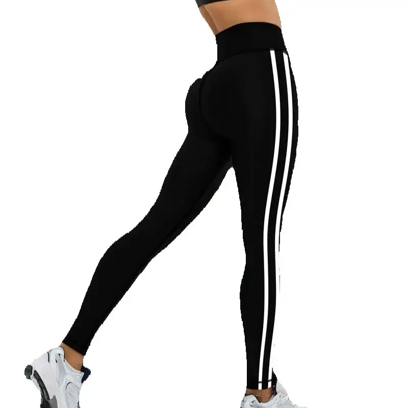 AliExpress NONE Women's High-Waisted Yoga Leggings with Side Stripes - Athletic Black Running Cycling Casual Pants