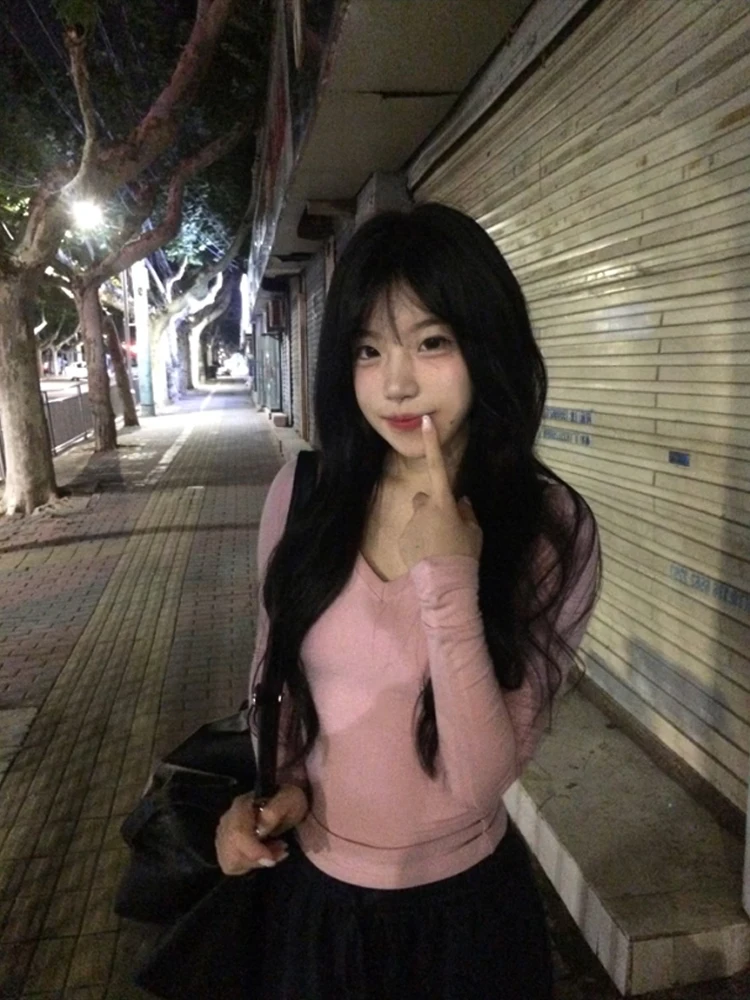 Cseta de Manga Larga Rosa con Cuello en V Estilo Americano para Mujer, Ropa Interior Sexy Elástica y Ajustada para Otoño