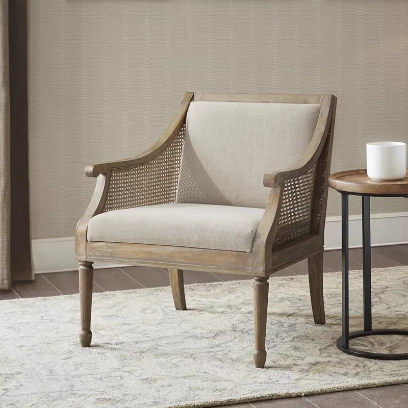 

American Country Solid Wood Rattan Woven Chair Log Wind Small Apartment Living Room Balcony Single Leisure Chair Cloth Arm Chair
