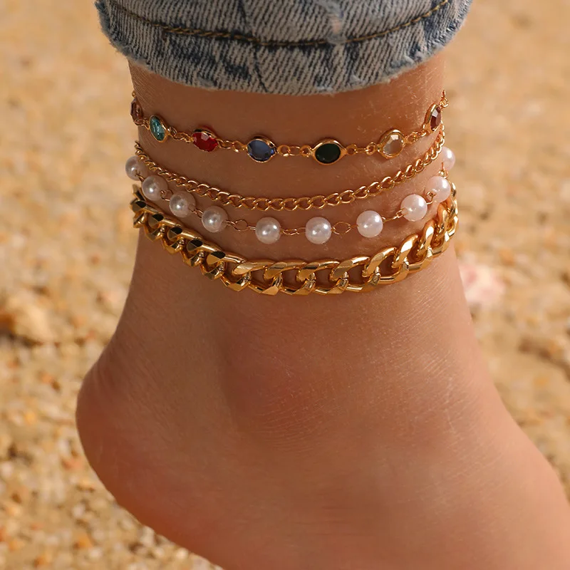 4pcs/set Sun-Kissed Summer Lariat Anklet – Sculptural Foot Chain with Cool Ins Edge for Everyday Glam.