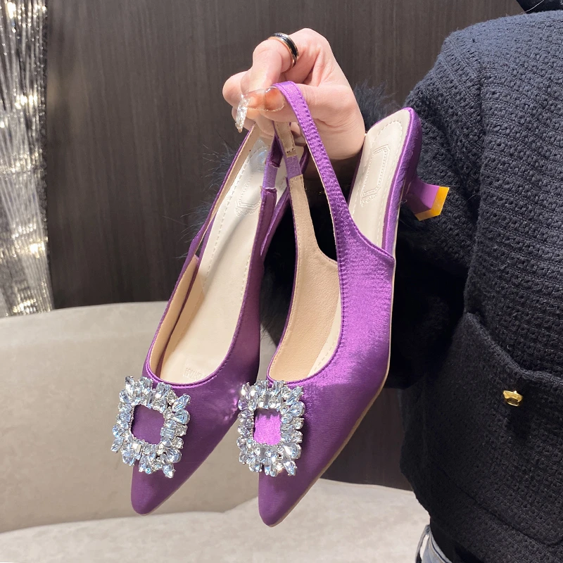 Summer Women Sandals Women's Slingback Pointed Toe Shallow Nude Pink Diamond Shoe Low Heel Back Strappy Shoes Women Dress Shoes