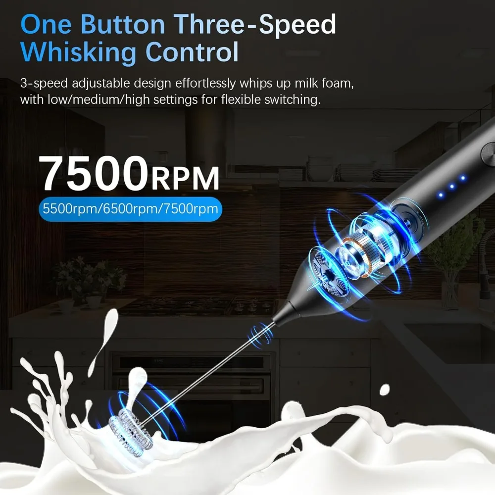 Rechargeable Milk Frother with Stand, Electric Handheld Foam Maker, Detachable Stainless Steel Whisk for Latte, Cappuccino, Hot Chocolate, Black - view 3