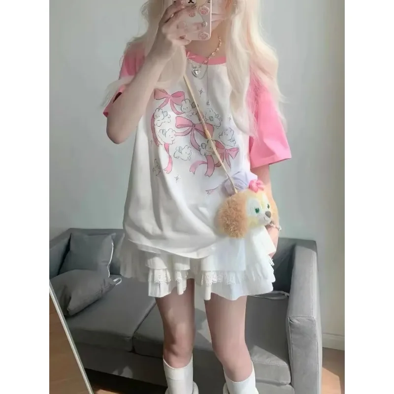 

Deeptown Kawaii Graphic Pink T Shirts Women Y2k Japanese Style Sweet Girl Cartoon Tees Cute Rabbit Print Short Sleeve Top Summer