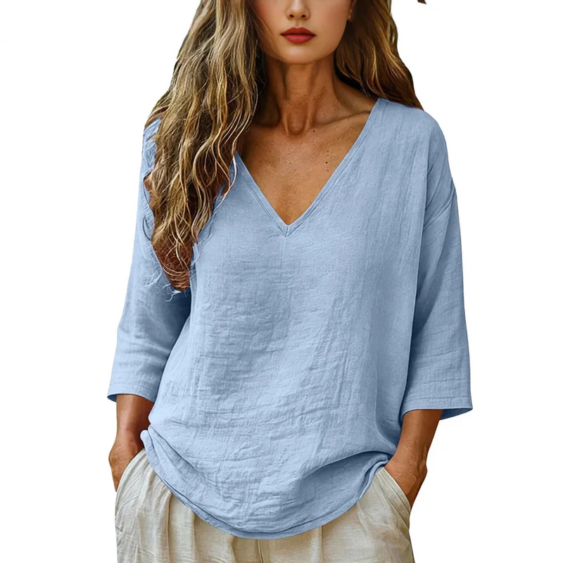 Women V Neck Seven Quarter Sleeve T Shirts Casual Loose Fit Slimming Tops Daily Wear Versatile Comfortable Blouses For Spring Su